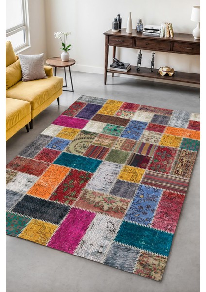 Vintage Eskitme Patchwork Yıkanabilir Şönil Kilim Pamuk Taban Dokuma Halı Oturma Odası Salon Balkon Mutfak Halısı