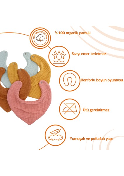 6-24 ay 4'lü Organik Pamuk 4kat Multi Müslin Fular ,yakalık Kız - Erkek Bebek Salya ve Mama Önlük mint,hardal,karamel,nar çiçeği