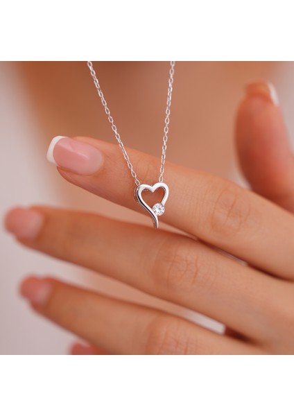 925 Ayar Radyum Kaplama Swarovski Taşlı Kalpli Gümüş Kolye
