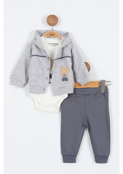 Ayı Desenli Pamuklu Çıt Kapşonlu Zıbınlı Uzun Kollu Erkek Bebek 3'lü Takım Alt Üst Erkek Bebek Takım