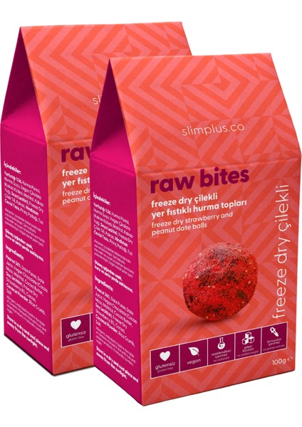 2 Paket Freeze Dry Çilek Kaplı Glutensiz Vegan Yerfıstıklı Hurma Topları Raw Bites 100G