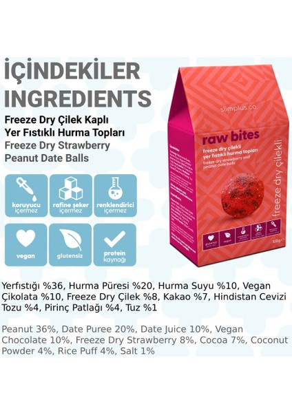 2 Paket Freeze Dry Çilek Kaplı Glutensiz Vegan Yerfıstıklı Hurma Topları Raw Bites 100G