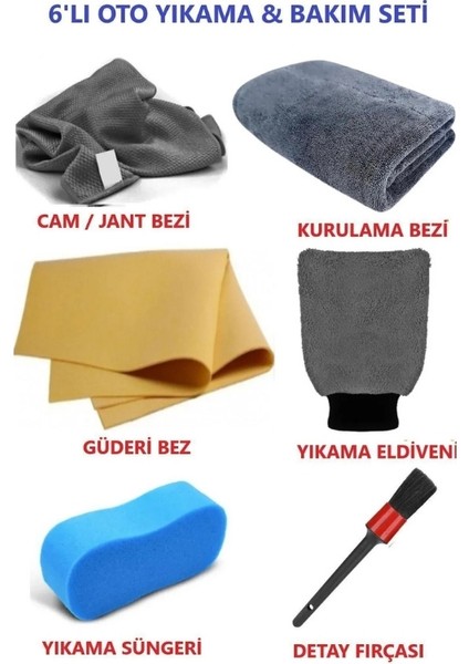 6'lı Mikrofiber Oto Yıkama Seti Kurulama Bezi Cam Bezi Güderi Oto Eldiven Oto Sünger Detay Fırçası