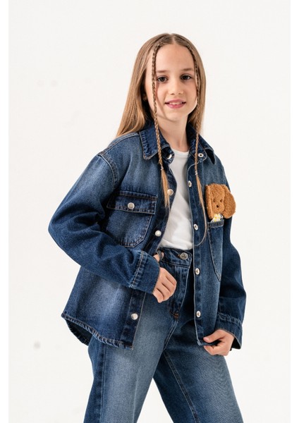 Kız Çocuk Köpek Nakışlı Kot Gömlek 3137