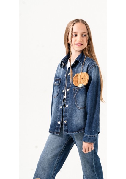 Kız Çocuk Köpek Nakışlı Kot Gömlek 3137 fiyatları