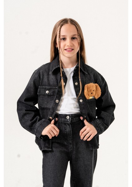 Kız Çocuk Köpek Nakışlı Kot Gömlek 3137