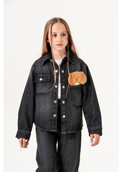 Kız Çocuk Köpek Nakışlı Kot Gömlek 3137 fiyatları