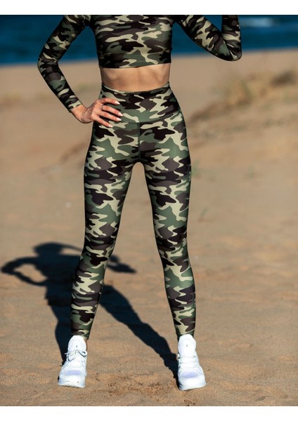 Haki Yeşil Kamuflaj Desen Spor Tayt fırsatları