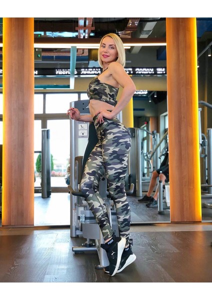 Haki Yeşil Kamuflaj Desen Spor Tayt indirimleri