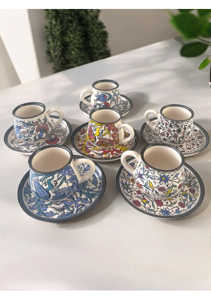 Dekoratif Çini Tasarım, Lale ve Karanfil Işlemeli Çay Kahve Fincanı Seti 6 Kişilik