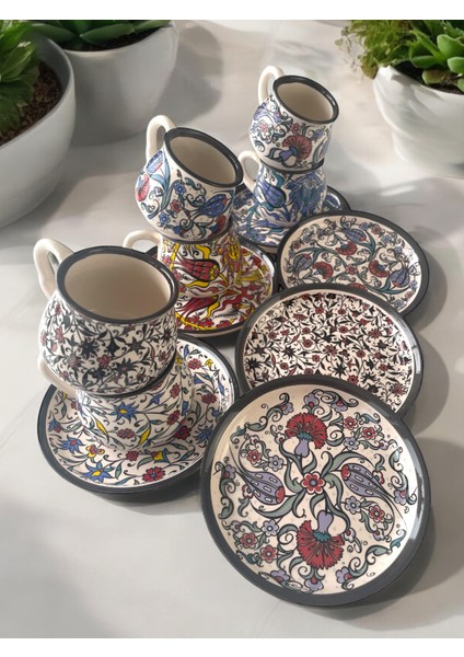 Dekoratif Çini Tasarım, Lale ve Karanfil Işlemeli Çay Kahve Fincanı Seti 6 Kişilik