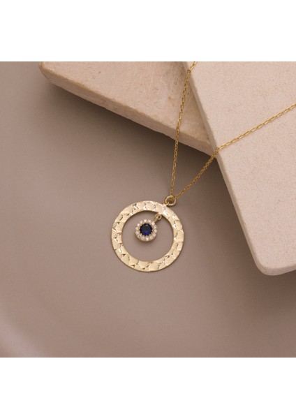 925 Ayar Gümüş Lacivert Taşlı Dokulu Yuvarlak Çerçeve Kolye modelleri