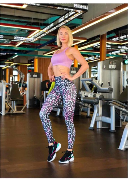 Turkuaz Lila Leopar Desen Spor Tayt fırsatları
