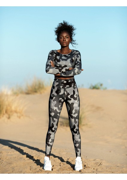 Gri Siyah Kamuflaj Desen Spor Tayt