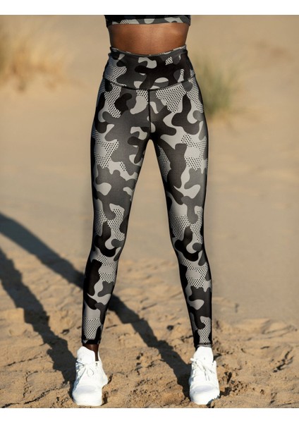 Gri Siyah Kamuflaj Desen Spor Tayt modelleri