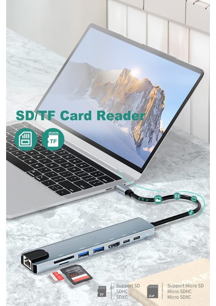 USB C Hub Type C - HDMI Sd/tf Kart Okuyuculu Ethernet Adaptörü Pd Hızlı Şarj