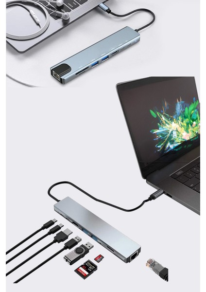 USB C Hub Type C - HDMI Sd/tf Kart Okuyuculu Ethernet Adaptörü Pd Hızlı Şarj
