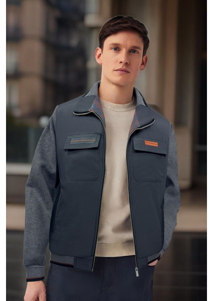 Erkek Kışlık Füme Ceket Içi Astarlı Kalın Kumaş Kapaklı Fermuarlı Yan Cepler
