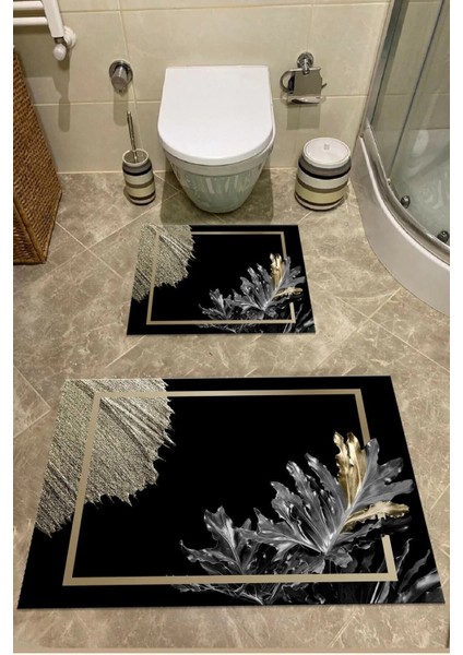 Altın Rengi Gold Detaylı Siyah Banyo Paspası Klozet Takımı 2'li Kaymaz Tabanlı Set