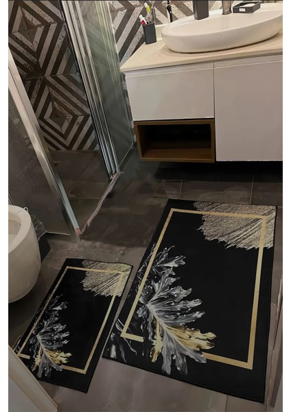 Altın Rengi Gold Detaylı Siyah Banyo Paspası Klozet Takımı 2'li Kaymaz Tabanlı Set fiyatları