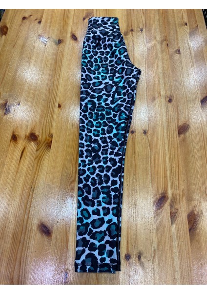 Turkuaz Siyah Leopar Desen Spor Tayt indirimleri