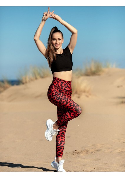 Kırmızı Siyah Leopar Desen Spor Tayt