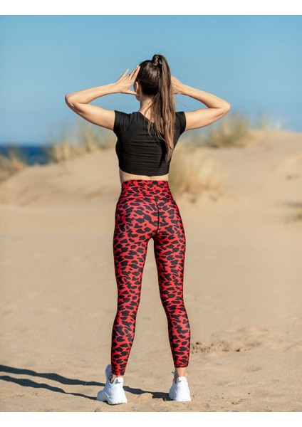 Kırmızı Siyah Leopar Desen Spor Tayt fiyatları