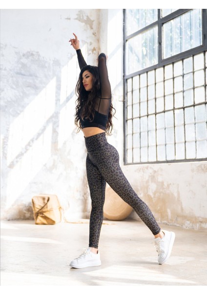 Koyu Haki Leopar Desen Spor Tayt fiyatları