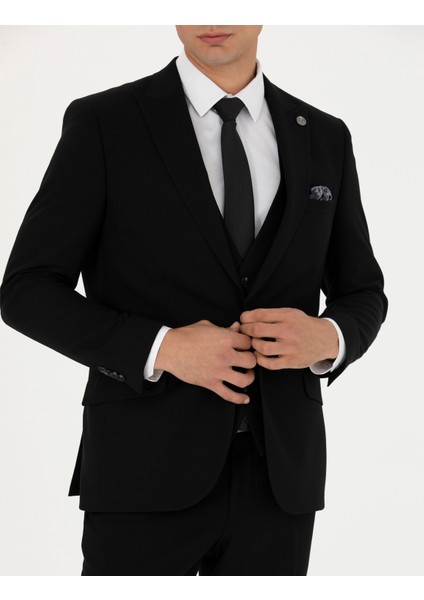 Erkek Yelekli Siyah Ekstra Slim Fit Takım Elbise 50275911-VR046