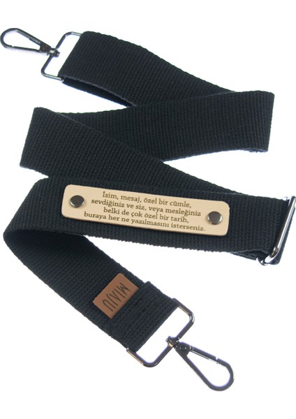 Siyah Renk, Pamuklu Kolon Detaylı Çanta Askısı, Sevdiklerinizin İsmine Özel Hediyelik, 180 Cm Kayış