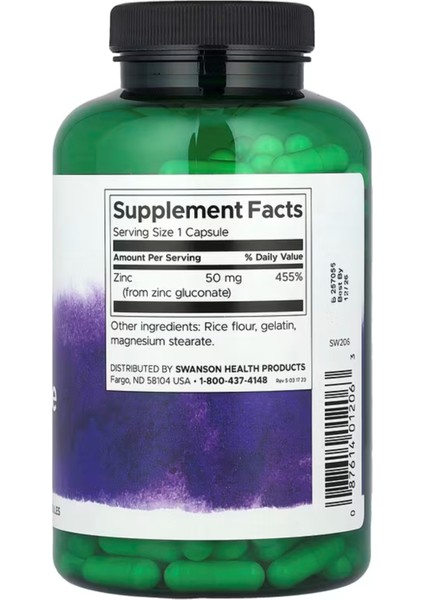 Swanson, Zinc Gluconate, 50 Mg, 250 Capsules