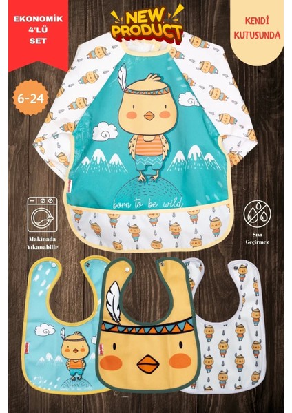 Civciv Desen 4'lü Set Eko Sıvı Geçirmez Aktivite ve Mama Önlüğü Kendi Kutusunda 6-24 Ay