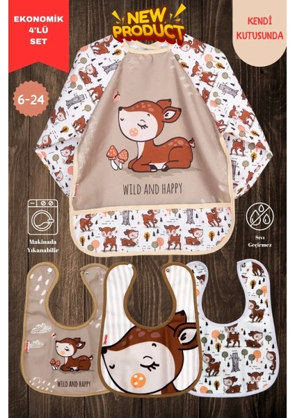 Ceylan Desen 4'lü Set Eko Sıvı Geçirmez Aktivite ve Mama Önlüğü Kendi Kutusunda 6-24 Ay