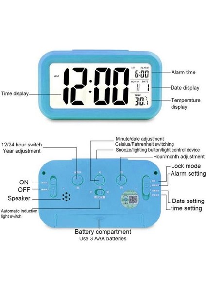 Özel Için Karanlık Sensörlü Alarmlı Dijital Mavi Masa Saati