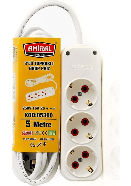 3' Lü Topraklı 5 Metre Kablolu Grup Priz