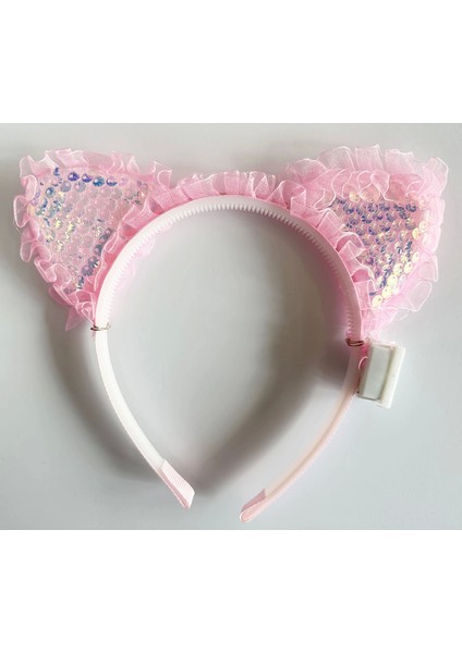Kenarları Dantelli Pembe Pullu Payetli LED Işıklı Kedi Kulak Taç 17 x 19 cm
