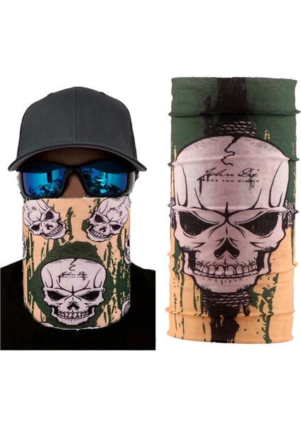 Haki Yeşil Renk Üzeri Likralı Kuru Kafa Kafatası Baskılı Baf Buff Bandana 25 x 48 cm