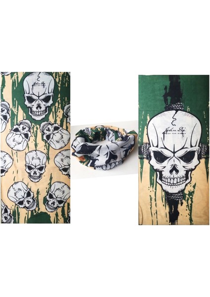 Haki Yeşil Renk Üzeri Likralı Kuru Kafa Kafatası Baskılı Baf Buff Bandana 25 x 48 cm