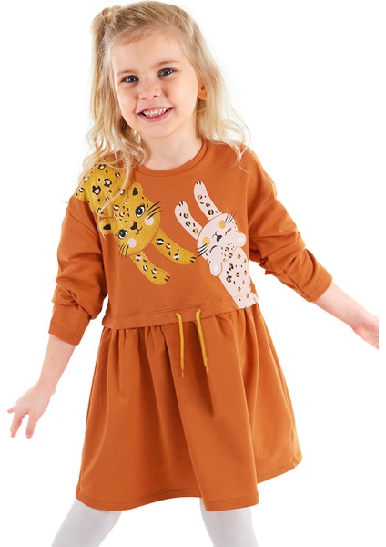 Turuncu Leoparlı Beli Lastikli Uzun Kollu Kız Çocuk Elbise