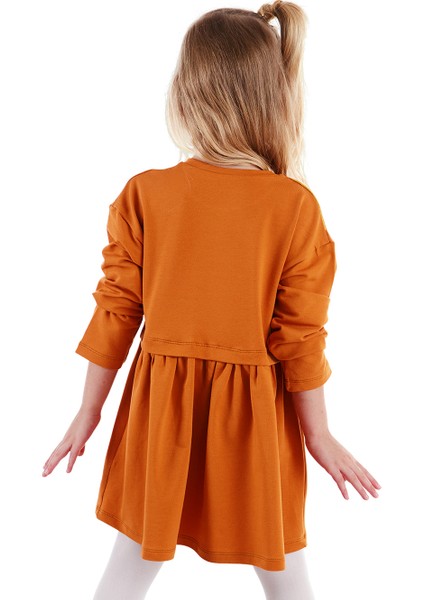Turuncu Leoparlı Beli Lastikli Uzun Kollu Kız Çocuk Elbise fiyatları