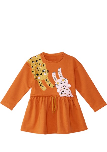 Turuncu Leoparlı Beli Lastikli Uzun Kollu Kız Çocuk Elbise modelleri