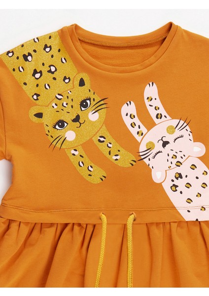 Turuncu Leoparlı Beli Lastikli Uzun Kollu Kız Çocuk Elbise indirimleri