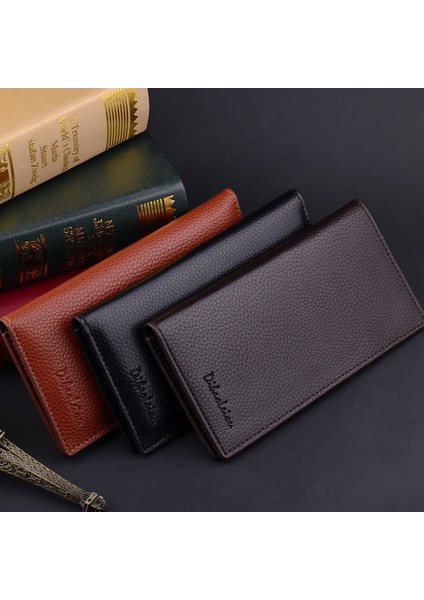 Klasik Iş Erkek Uzun Bifold Pu Deri 3 Renk Katı Cüzdan Rahat Kart Debriyaj Çanta Cepler (Yurt Dışından)