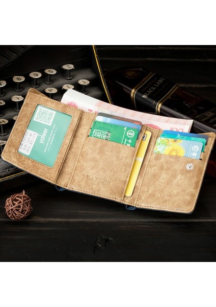 Retro Erkek Cüzdan Iş Kimlik Kartı Sahipleri Çanta Küçük Üç Katlı Cüzdan Deri Kısa Bifold Erkekler Için Ince Cüzdan Cartera Hombre (Yurt Dışından)
