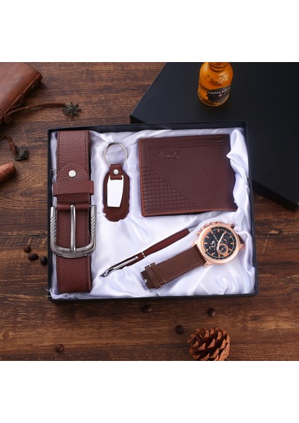 Stil 5pcs Kahverengi Moda Hediye Seti, Quartz Saat + Kalem + Kemer + Anahtarlık + Cüzdan (Yurt Dışından)