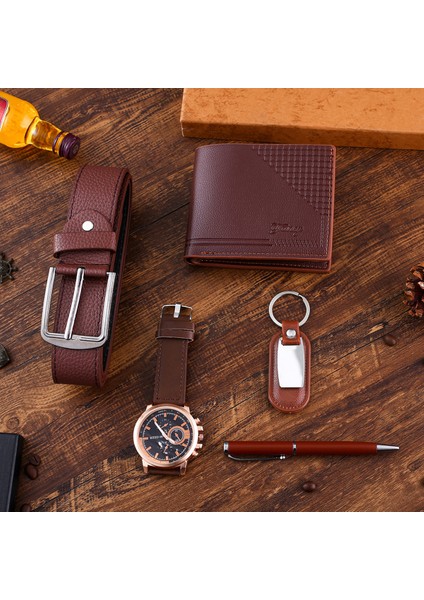Stil 5pcs Kahverengi Moda Hediye Seti, Quartz Saat + Kalem + Kemer + Anahtarlık + Cüzdan (Yurt Dışından) modelleri