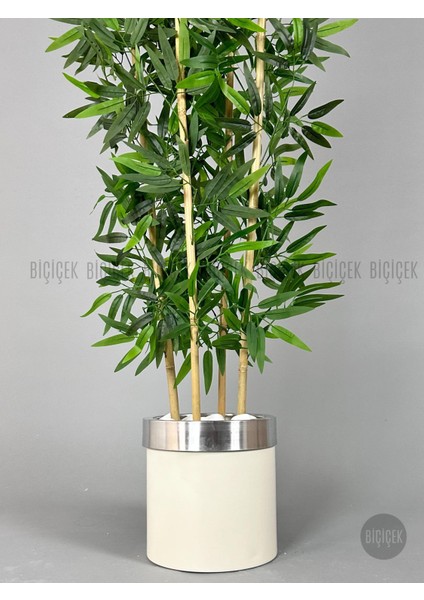 Yapay Bambu Ağacı 140 cm Krem Gümüş Metal Saksıda
