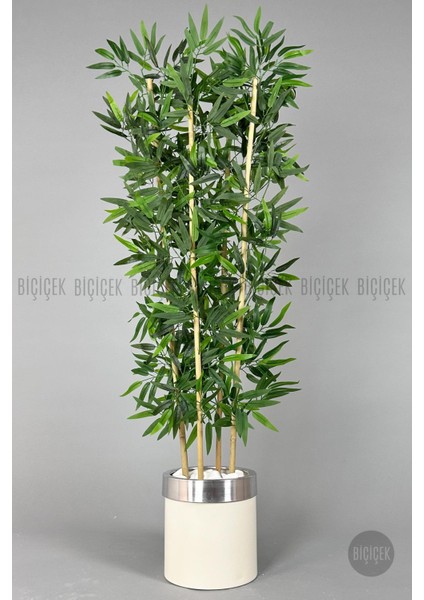 Yapay Bambu Ağacı 140 cm Krem Gümüş Metal Saksıda