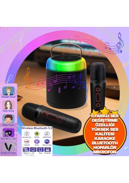 6 Farklı Ses Değiştirme Özellikli Karaoke Hoparlör Mikrofon | USB Sarjlı Parti Işıklı Hoparlör Mikrofon