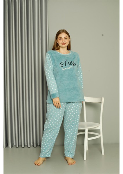 Welsoft Polar Kadın Büyük Beden Su Yeşili Pijama Takımı 808046